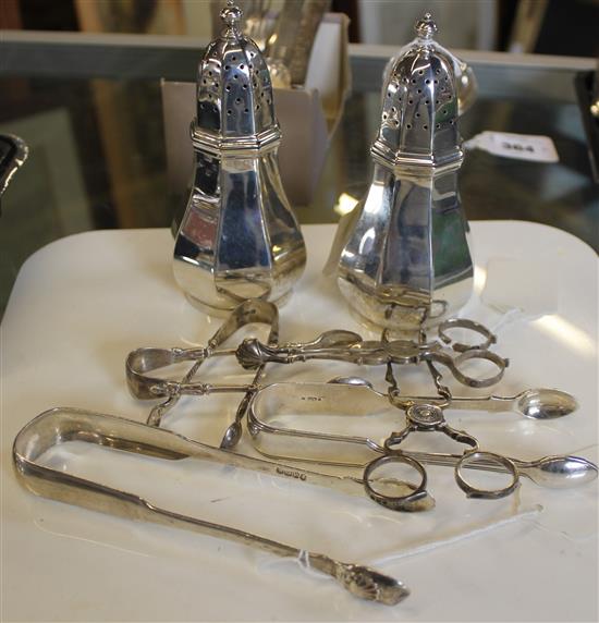 Pair silver sugar casters, Edinburgh 1912, Hamilton & Inches, 2 pairs silver sugar nips & 4 pairs sugar tongs, Geo & later